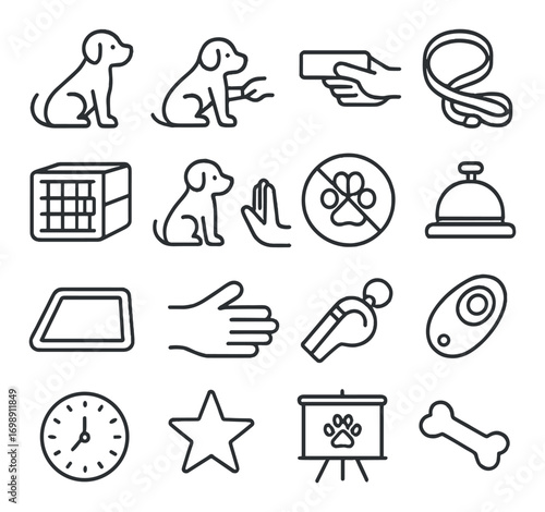 Dog training linear icon set. featuring clicker, leash, treat, whistle, paw, command, crate, and bone symbols