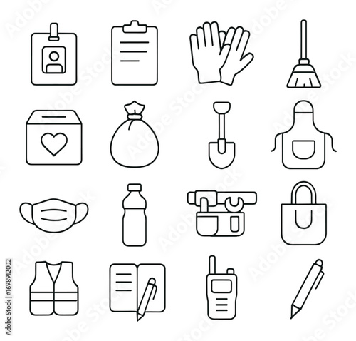Volunteer and donation linear icon set. featuring form, gloves, broom, donation box, bag, shovel, apron