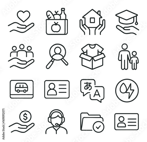 Charity and social service linear icons set. featuring donation, grocery, housing, education, and community symbols