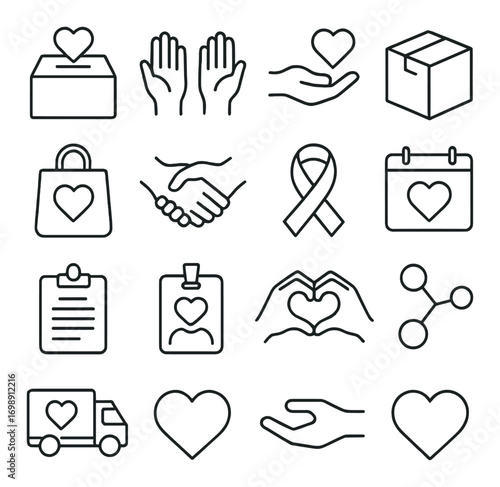 Charity and donation linear icon set. featuring hands, heart, box, truck, calendar, and ribbon symbols