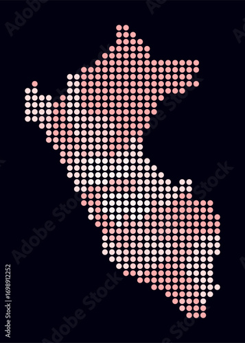 Peru dotted map. Digital style map of the country on dark background. Peru shape with circle dots. Colored dots style. Large size circles. Stylish vector illustration.