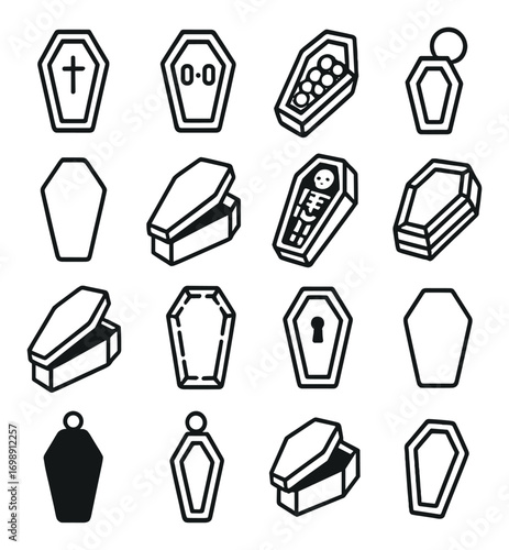 Halloween coffins linear icon set. featuring classic, modern, cross, candy, mummy, and skeleton designs