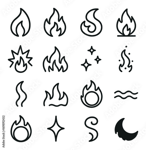 Fire and flame linear icon set. featuring spark, bonfire, blaze, wave, swirl, and moon symbols