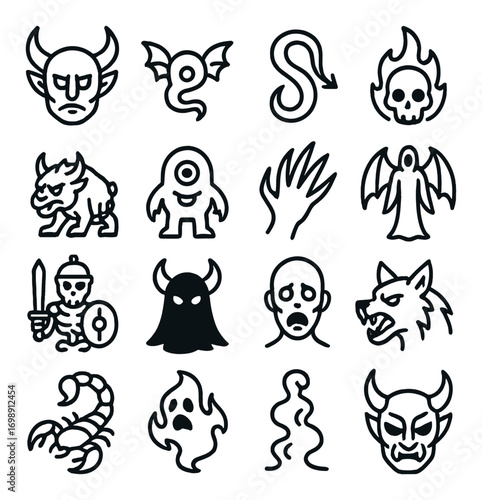 Mythical creatures linear icon set. featuring demon, dragon, snake, skull, gargoyle, and vampire symbols