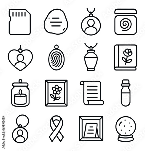 Memory and keepsake linear icons set. featuring photo, fingerprint, jar, scroll, and candle symbols