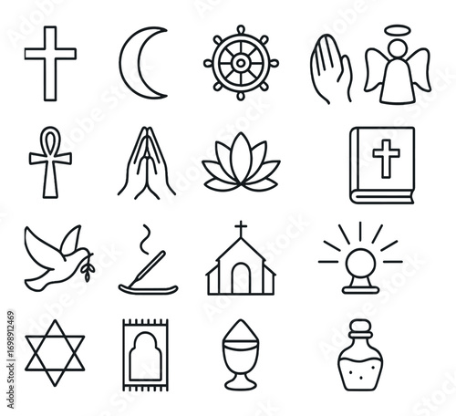 Religion linear icon set. featuring cross, crescent, wheel, prayer, angel, ankh, dove, incense, church, lotus