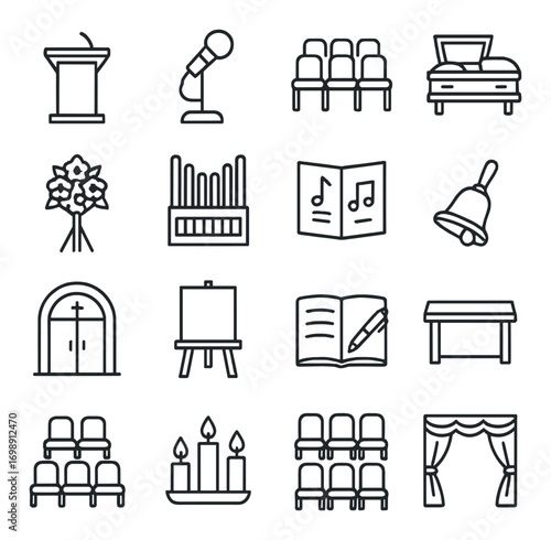 Church and worship linear icon set. featuring podium, microphone, seats, organ, book, and bell symbols