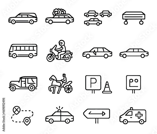 Transportation linear icon set. featuring car, motorbike, bus, taxi, ambulance, and parking symbols