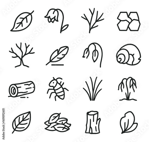 Nature decay linear icon set. featuring leaf, flower, branch, honeycomb, log, insect, grass, and shell symbols