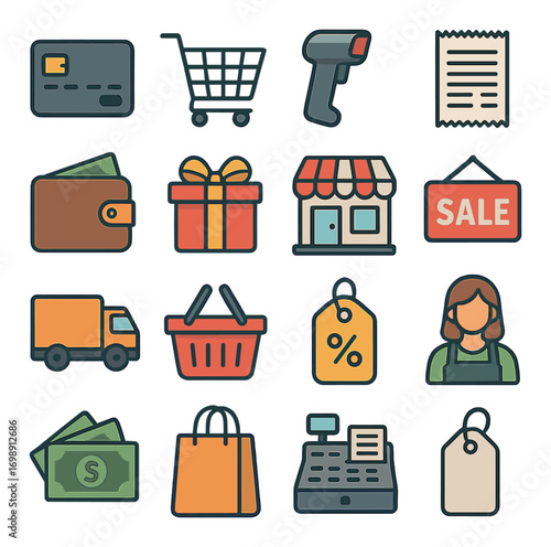 Shopping and retail flat icons set. featuring credit card, cart, scanner, receipt, wallet, gift, store, sale