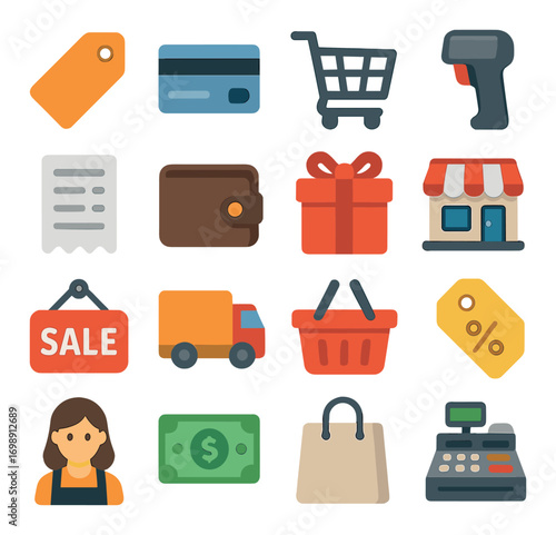 Shopping and retail flat icon set. featuring tag, card, cart, scanner, receipt, wallet, gift, store, sale, truck, basket, discount, customer, cash, bag, register