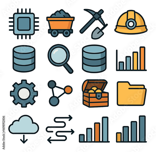 Mining and technology flat icon set. featuring chip, mining cart, pickaxe, hard hat, database, magnifying glass, graph, gear, network, treasure chest, folder, cloud