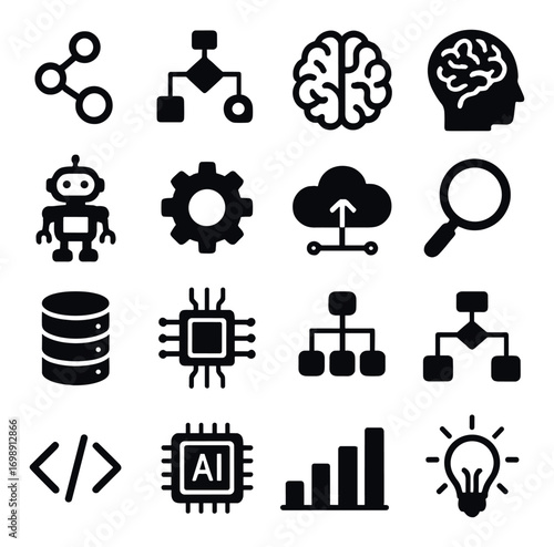Technology and innovation silhouette icon set. featuring ai, chip, brain, cloud, database, and robotics symbols