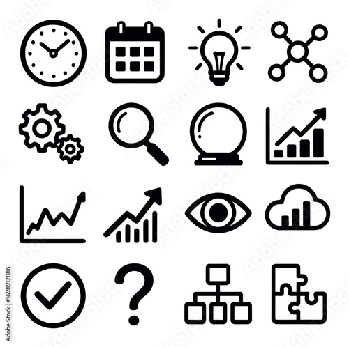 Business and analytics flat icon set. featuring clock, calendar, light bulb, network, gear, and magnifying glass icons