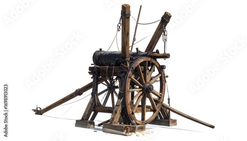 A detailed illustration of a medieval siege engine, showcasing intricate wooden construction and functional components.