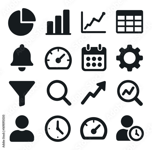Business analytics silhouette icon set. featuring chart, bell, speedometer, calendar, cogwheel, funnel, magnifying glass