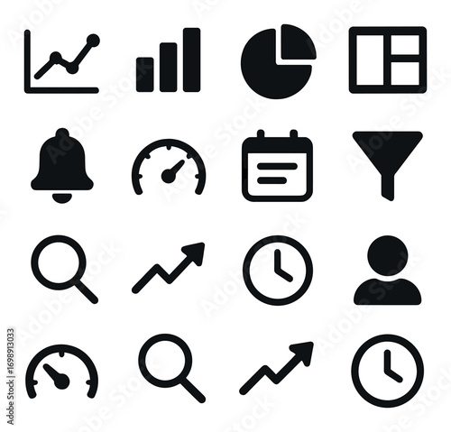 Business data flat icons set. featuring chart, graph, pie chart, grid, notification, speedometer, calendar, and filter