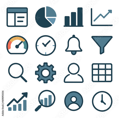 Business metrics flat icon set. featuring graph, pie chart, bar chart, growth, speedometer, and bell symbols