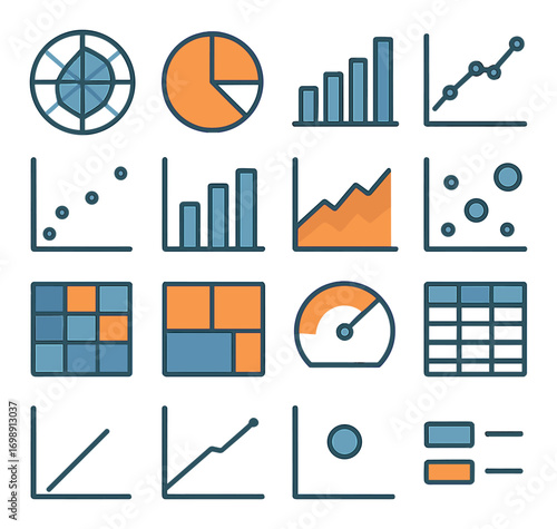 Business analytics linear icon set. featuring charts, graphs, pie, bar, scatter, line, radar, and dashboard elements