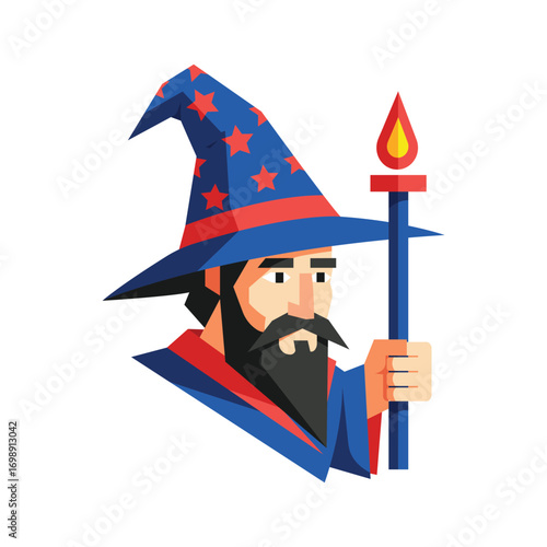 Mysterious wizard holding flaming torch side profile wearing starry hat vector