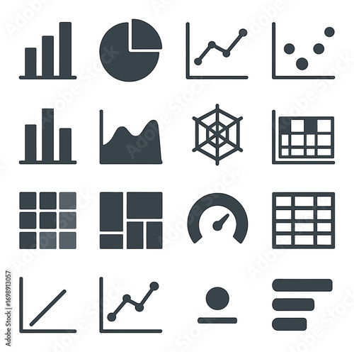 Data analytics flat icon set. featuring charts, graphs, scatter plot, radar, dashboard, gauge, and histogram symbols