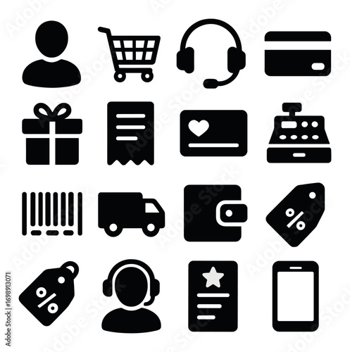 E-commerce silhouette icon set. featuring account, cart, headset, card, gift, receipt, wallet, and mobile symbols