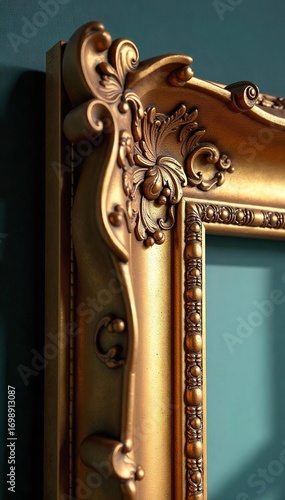 Close-up shot of ornate gilded decorative elements, intricate details, luxurious embellishments on a vintage frame Perfect for design, architecture, and home decor projects , golden, shiny, vintage