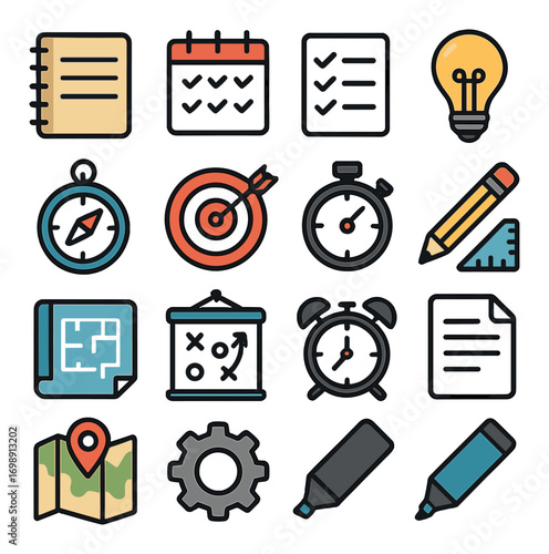 Office tools flat icon set. featuring notebook, calendar, checklist, lightbulb, compass, target, stopwatch, pencil, map, gear