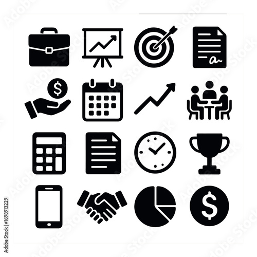Business silhouette icon set. featuring briefcase, chart, target, contract, handshake, and calendar symbols