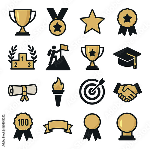 Achievement and awards flat icon set. featuring trophy, medal, star, badge, laurel wreath, mountain climber, podium, graduation cap