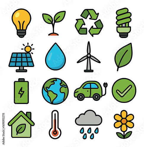 Eco-friendly energy linear icon set. featuring solar, wind, recycling, electric car, and earth symbols