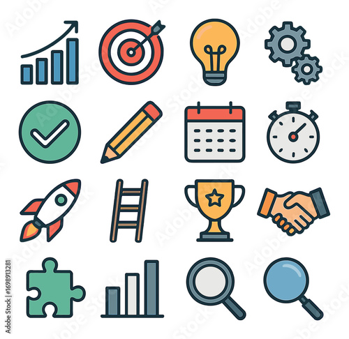 Business and productivity flat icon set. featuring graph, target, idea, cogwheel, checkmark, pencil, calendar, timer