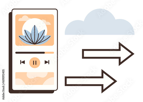 Smartphone playing audio with play controls beside a cloud and arrows symbolizing data transfer. Ideal for music streaming, cloud storage, data sharing, podcast hosting, mobile technology, online