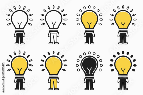 Light bulb characters with radiating lines idea concept