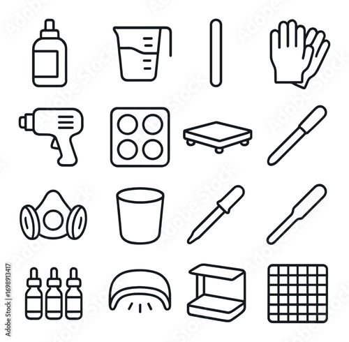 Laboratory equipment linear icon set. featuring glue, beaker, gloves, pipette, mask, and containers.