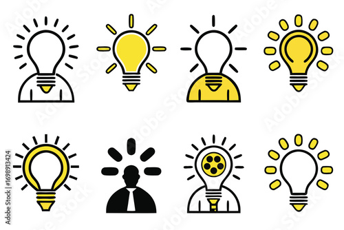 Light bulb person idea icons yellow black vector