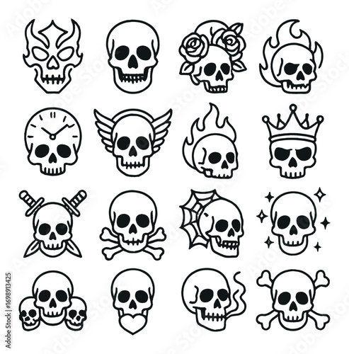 Skulls linear icon set. featuring flame, crown, roses, wings, swords, spider web, and heart symbols