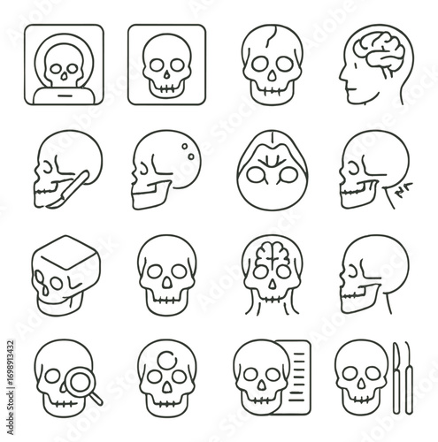 Anatomy linear icon set. featuring skull, brain, x-ray, cranium, head, bone, analysis, examination, and surgery symbols