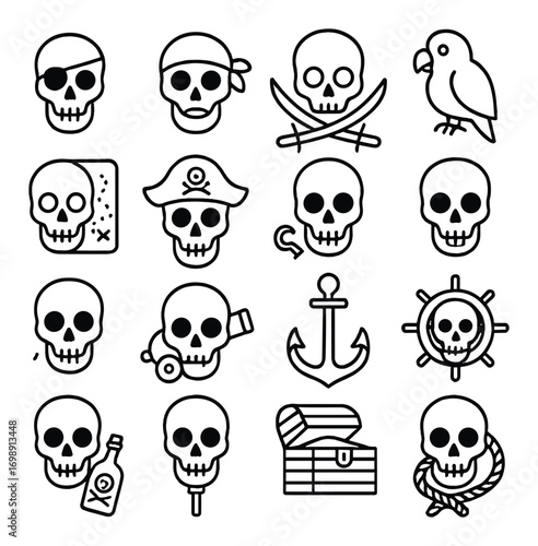 Pirate symbols linear icon set. featuring skull, parrot, sword, map, anchor, helm, hook, and treasure chest