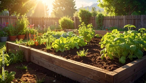 A sun-drenched raised garden bed brimming with vibrant greenery and blossoming flowers.