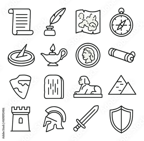 Ancient history linear icon set. featuring scroll, quill, map, compass, lamp, coin, sphinx, pyramid, shield, sword