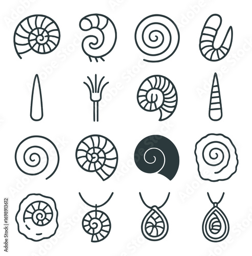 Fossil and shell linear icon set. featuring ammonite, cone, spiral, and nautilus symbols
