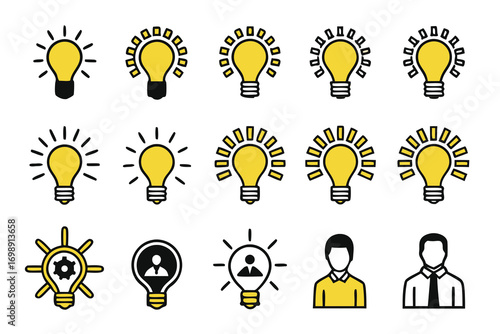 Yellow lightbulbs with radiating lines and human icons idea innovation