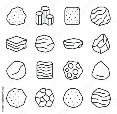 Geology silhouette icon set. featuring rocks, minerals, crystals, stones, pebbles, texture, and formations