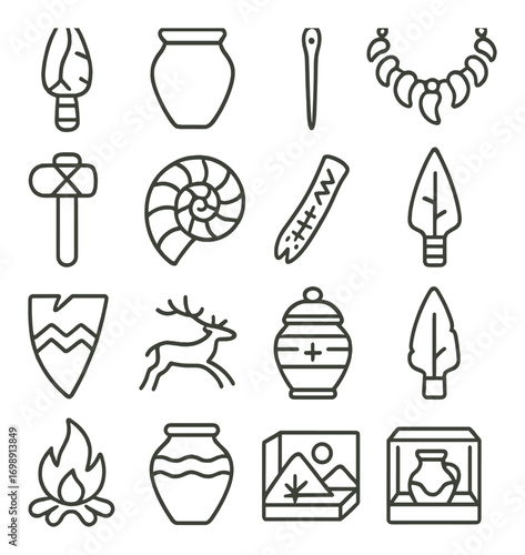 Prehistoric linear icon set. featuring pottery, spear, necklace, shield, hammer, fossil, and fire symbols