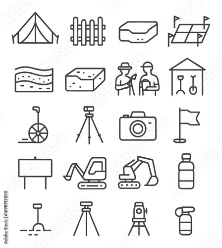 Construction and surveying linear icon set. featuring tent, fence, stone, workers, transit, and blueprint symbols
