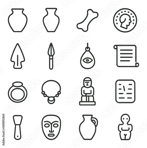 Archaeology linear icon set. featuring vase, bone, artifact, spearhead, scroll, necklace, statue, and mask icons