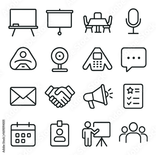 Business communication linear icon set. featuring whiteboard, projector, meeting, podcast, and email symbols