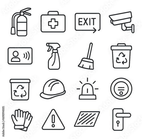 Safety and security linear icon set. featuring fire extinguisher, first aid kit, exit sign, camera, id badge, and hard hat icons