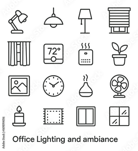 Home decor linear icon set. featuring lamp, thermostat, fan, diffuser, candle, frame, plant, and curtains symbols